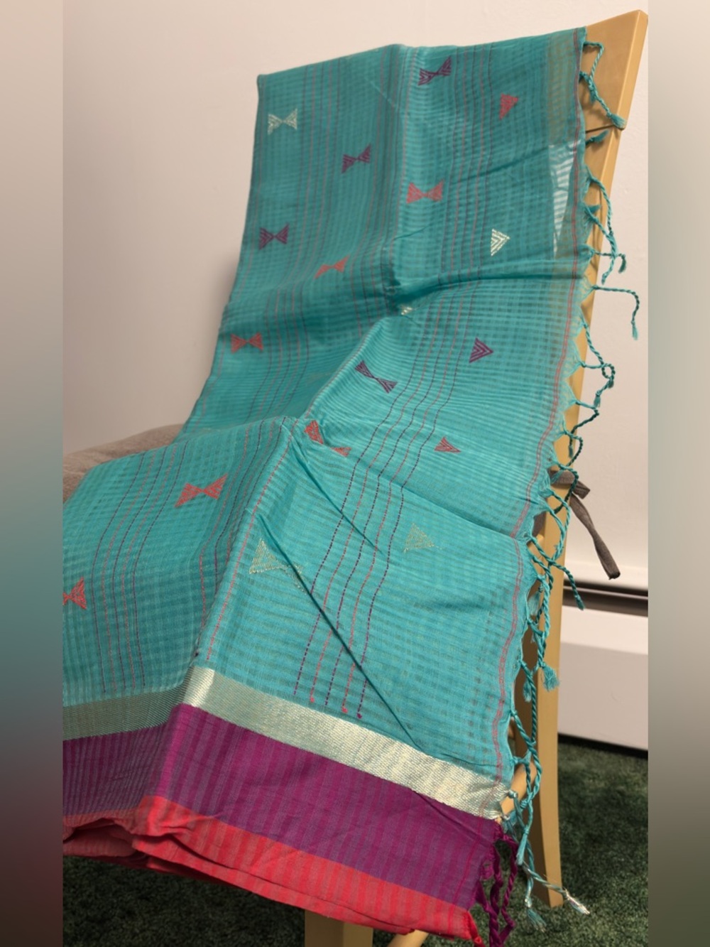 Teal Handloom sari with Pink & Gold Accent